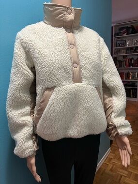 Coach Cream Sherpa Pullover Jacket with Tan Trim